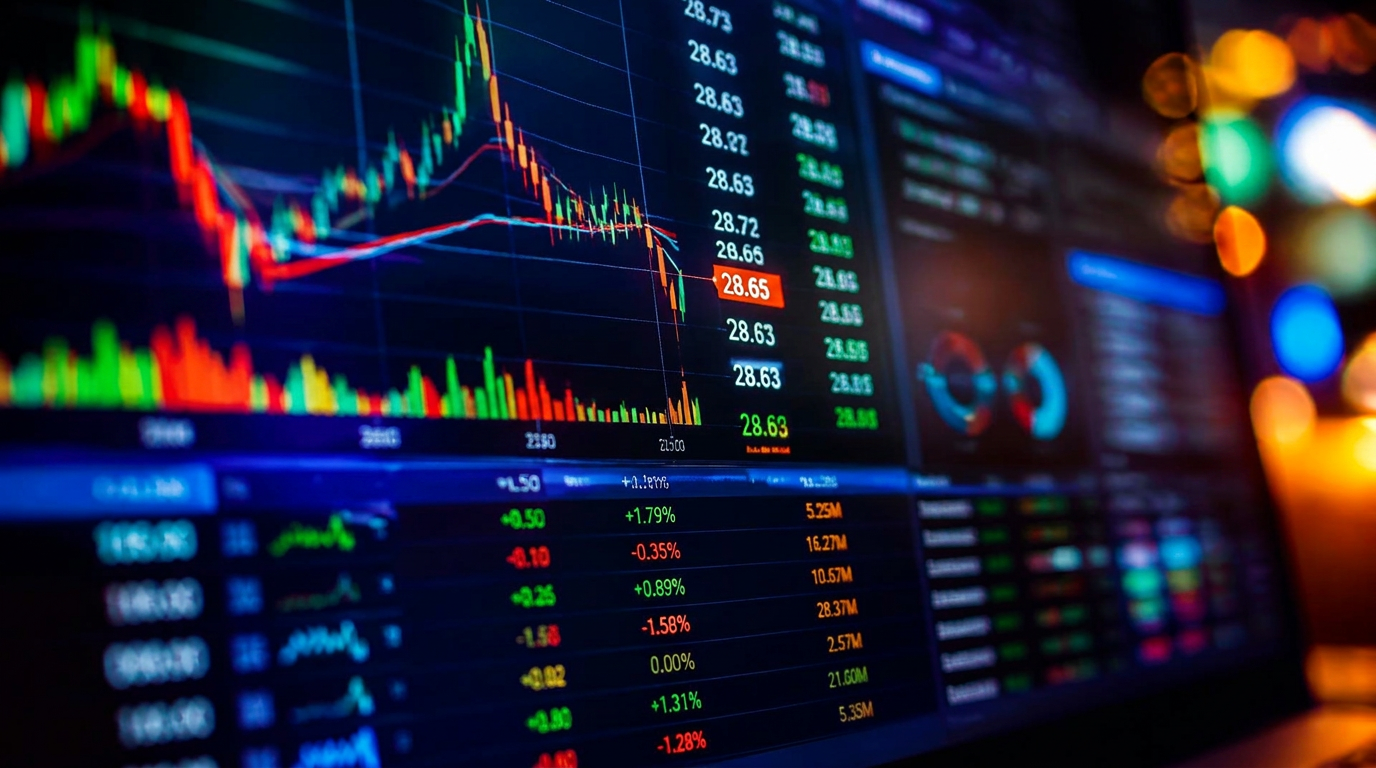 Pregão com painéis de gráficos do mercado financeiro
